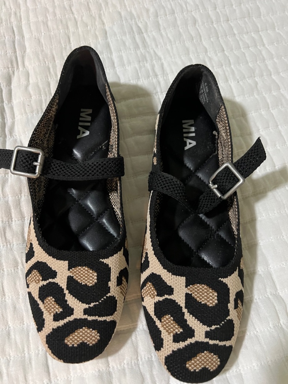 MIA Leopard Print Mary Jane Flats in Black and Tan Fabric
